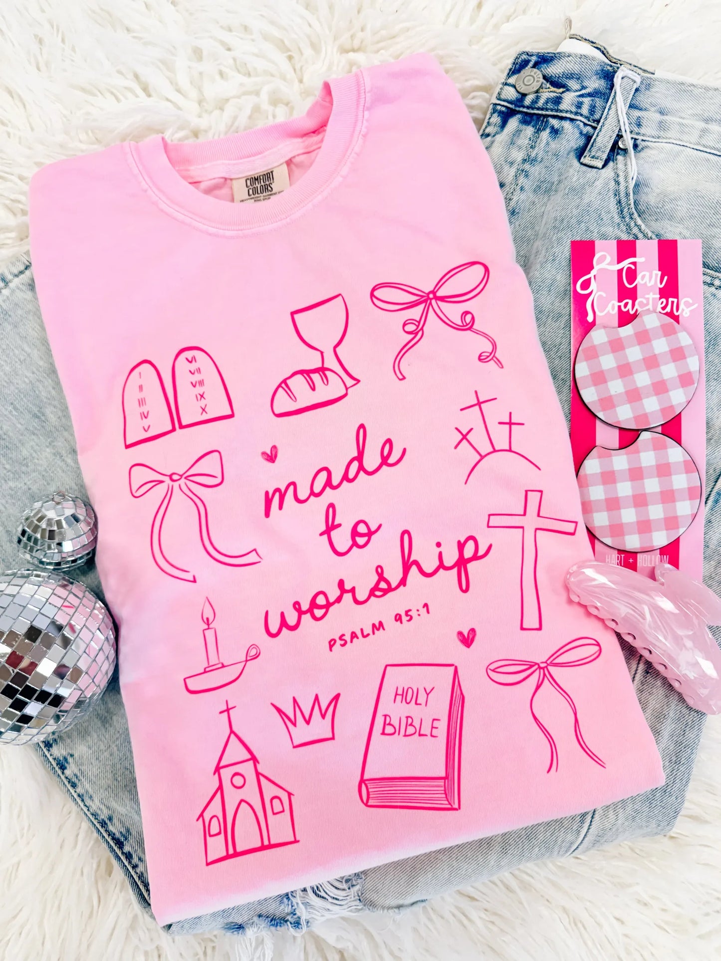 Made to Worship Christian Graphic Tee – Pink Faith Shirt for Women | Psalm 95:1 Religious T-Shirt