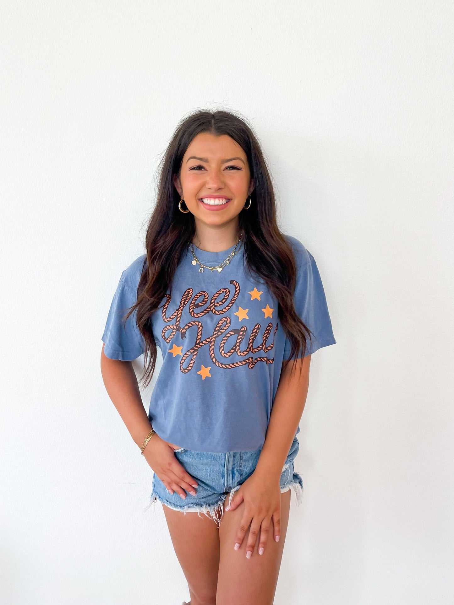 Yee Haw Rope Letter Western Graphic Tee – Vintage Cowgirl Short Sleeve T-Shirt