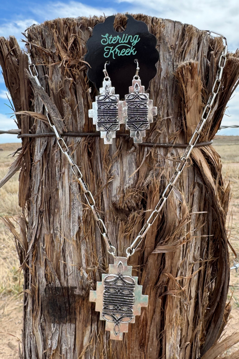 Southwestern Cross Dangle Earrings – Silver Aztec Western Cowgirl Earrings