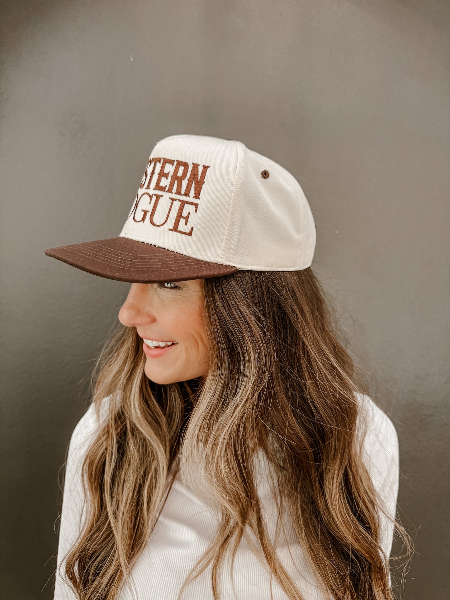 Western Vogue Trucker Hat | Women’s Western Baseball Cap, Two-Tone Cream & Brown Cowgirl Hat