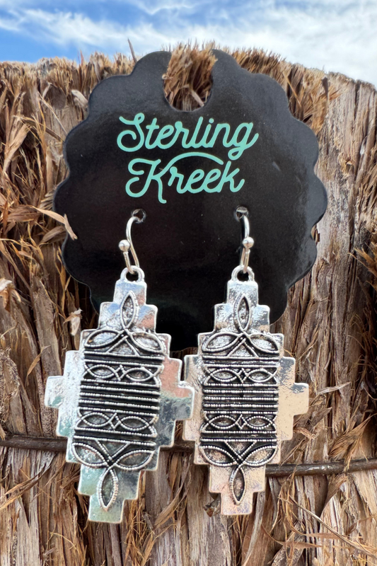 Southwestern Cross Dangle Earrings – Silver Aztec Western Cowgirl Earrings