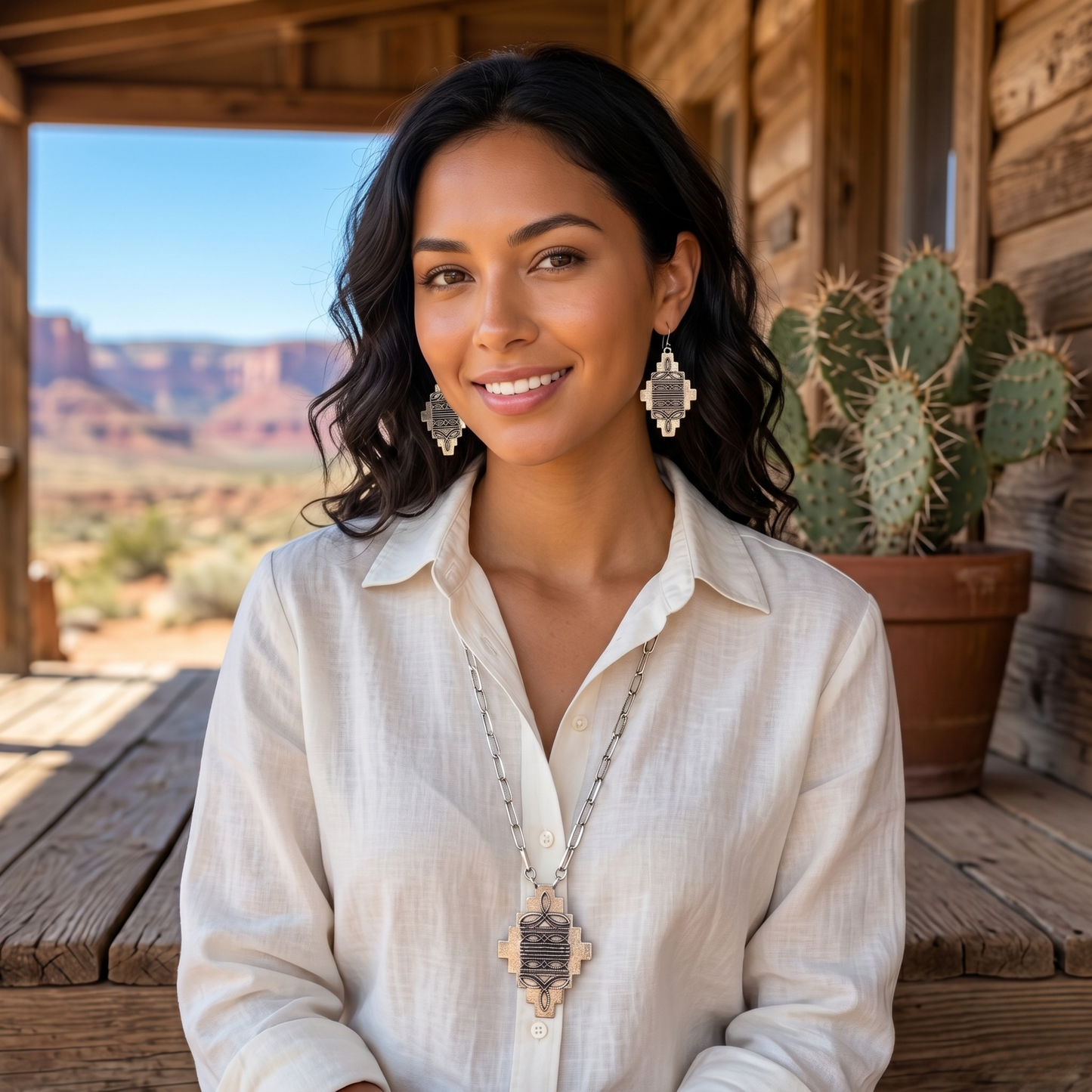 Southwestern Cross Pendant Necklace – Silver Aztec Western Statement Necklace