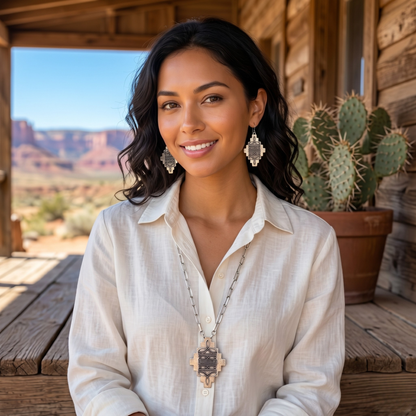Southwestern Cross Pendant Necklace – Silver Aztec Western Statement Necklace