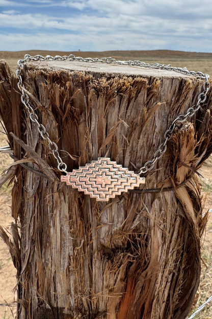 Southwestern Cross Necklace | Western Silver Chain Necklace with Copper Aztec Pendant | Boho Western Jewelry for Women