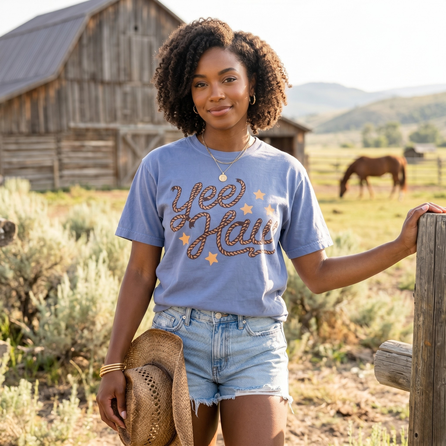 Yee Haw Rope Letter Western Graphic Tee – Vintage Cowgirl Short Sleeve T-Shirt
