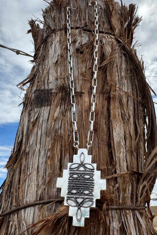 Southwestern Cross Pendant Necklace – Silver Aztec Western Statement Necklace