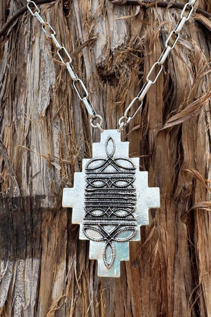 Southwestern Cross Pendant Necklace – Silver Aztec Western Statement Necklace