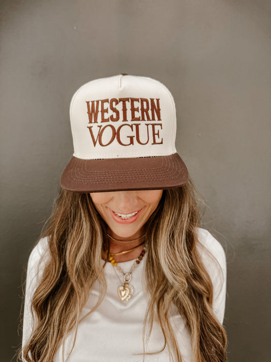 Western Vogue Trucker Hat | Women’s Western Baseball Cap, Two-Tone Cream & Brown Cowgirl Hat