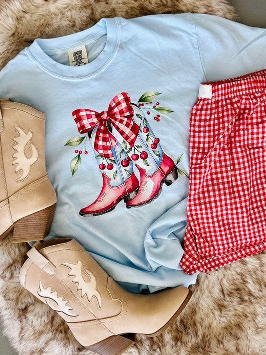 Western Cherry Cowboy Boots Graphic Tee – Cute Country Bow Shirt for Women