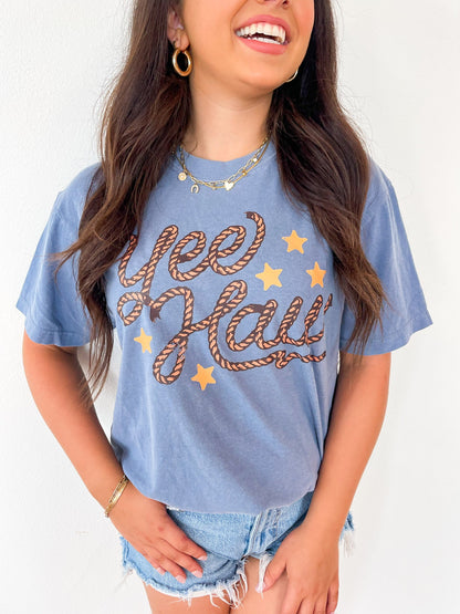 Yee Haw Rope Letter Western Graphic Tee – Vintage Cowgirl Short Sleeve T-Shirt
