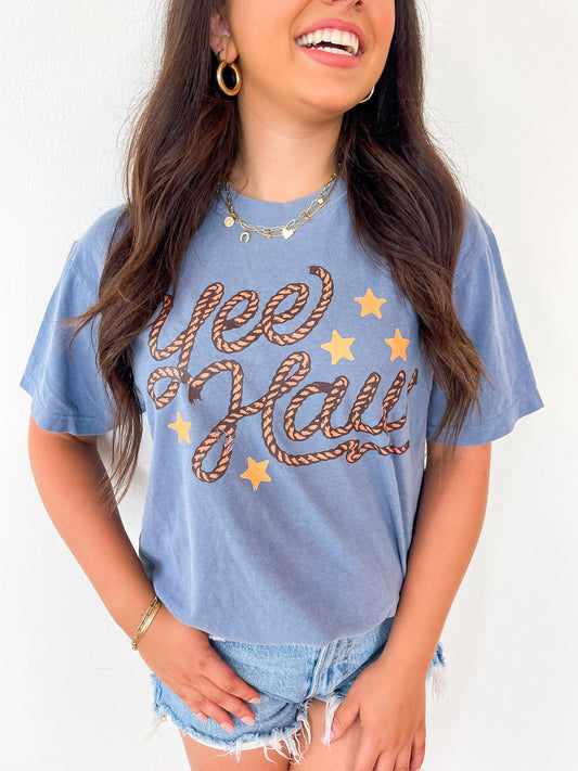 Yee Haw Rope Letter Western Graphic Tee – Vintage Cowgirl Short Sleeve T-Shirt